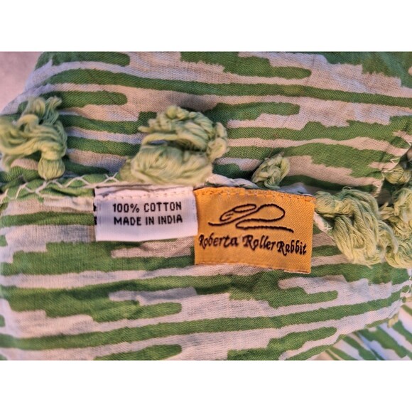 Roberta Roller Rabbit Pom Pom Trim Scarf Green and White 74 x 19 Cotton - Picture 8 of 9